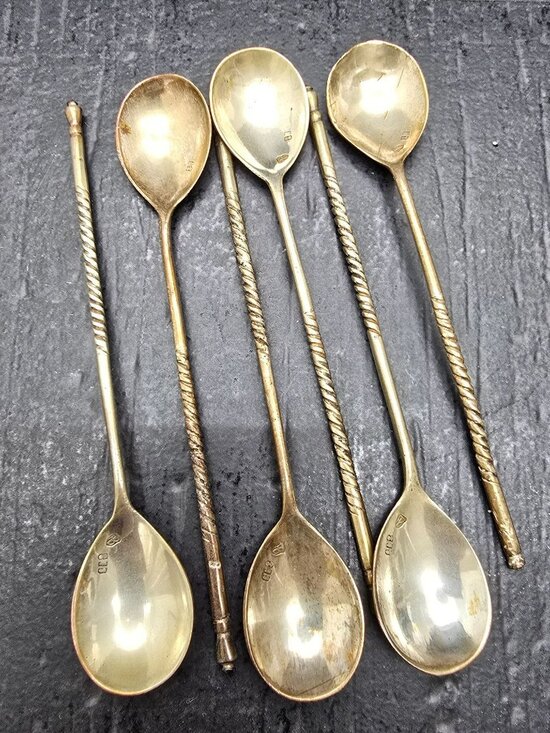 Set Of 6 Antique 800 Silver Twisted Handle Demitasse Spoons 4.25" HS249 - Picture 1 of 12